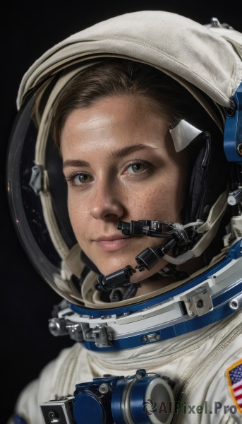 1girl,solo,looking at viewer,simple background,brown hair,brown eyes,closed mouth,upper body,lips,helmet,black background,portrait,freckles,realistic,nose,space,american flag,spacesuit,space helmet,astronaut,reflection,science fiction