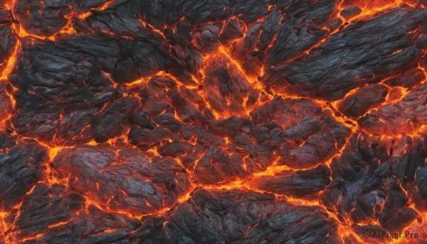 no humans, fire, scenery, rock, cave, molten rock