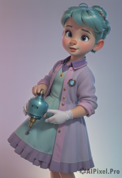 1girl,solo,blush,smile,short hair,open mouth,blue eyes,simple background,gloves,dress,holding,jewelry,blue hair,standing,jacket,weapon,green hair,open clothes,white gloves,necklace,black eyes,lips,gradient,gradient background,aqua hair,buttons,child,purple dress,freckles,female child,realistic