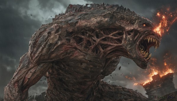 solo,open mouth,outdoors,sky,teeth,cloud,no humans,fangs,cloudy sky,fire,sharp teeth,building,smoke,rain,monster,city,scales,giant,ruins,grey sky,destruction,kaijuu,red eyes,from side,glowing,breathing fire