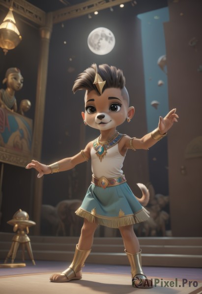 solo,looking at viewer,smile,short hair,skirt,brown hair,black hair,1boy,animal ears,brown eyes,jewelry,standing,tail,full body,male focus,earrings,sleeveless,belt,indoors,necklace,bracelet,blue skirt,night,moon,sandals,aged down,child,furry,full moon,armlet,dog tail,bracer,furry male,male child,dancing,statue,egyptian,dog boy,spotlight,egyptian clothes,greek clothes,1girl,open mouth,shirt,white shirt,boots,sky,teeth,artist name,night sky,animal nose,brown fur,two-tone fur,mohawk