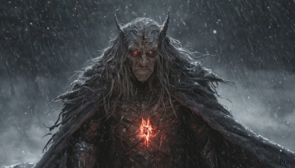 solo,long hair,looking at viewer,red eyes,1boy,jewelry,closed mouth,upper body,white hair,grey hair,male focus,outdoors,horns,cape,armor,wet,glowing,facial hair,glowing eyes,cloak,beard,rain,breastplate,snowing,weapon,sky,sword,cloud,cloudy sky,crown