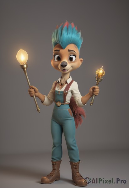 solo,looking at viewer,smile,short hair,open mouth,simple background,shirt,1boy,holding,animal ears,brown eyes,jewelry,blue hair,standing,tail,full body,white shirt,male focus,red hair,multicolored hair,boots,grey background,two-tone hair,shadow,brown footwear,suspenders,furry,personification,wand,overalls,furry male,mohawk,1girl,long sleeves,green hair,teeth,collared shirt,artist name,happy,fire,spiked hair,cross-laced footwear,freckles,furry female,candle,body fur,animal nose,brown fur,blue overalls