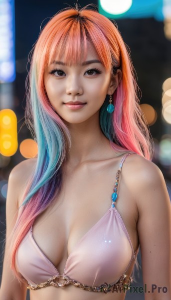 1girl,solo,long hair,breasts,looking at viewer,smile,bangs,cleavage,bare shoulders,brown eyes,jewelry,medium breasts,closed mouth,blue hair,collarbone,swimsuit,upper body,pink hair,bikini,multicolored hair,earrings,orange hair,mole,blurry,two-tone hair,lips,gradient hair,depth of field,blurry background,bikini top only,freckles,mole on breast,realistic,pink bikini,bokeh,white bikini