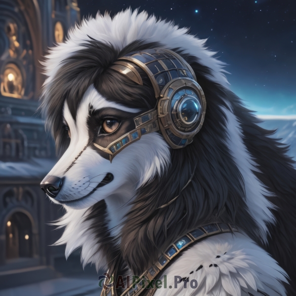 solo,looking at viewer,smile,brown hair,1boy,brown eyes,jewelry,upper body,male focus,outdoors,sky,signature,from side,fur trim,no humans,night,portrait,star (sky),night sky,furry,starry sky,dog,fur,fluffy,black hair,artist name,necklace,blurry,profile,headphones,animal,wolf