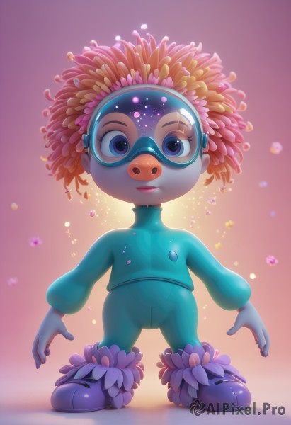 1girl,solo,looking at viewer,smile,blue eyes,long sleeves,closed mouth,standing,full body,flower,shoes,artist name,lips,gradient,gradient background,bodysuit,goggles,child,backlighting,arms at sides,diving mask,1boy,blue hair,purple eyes,male focus,eyelashes,colored skin,bird,bubble,green shirt