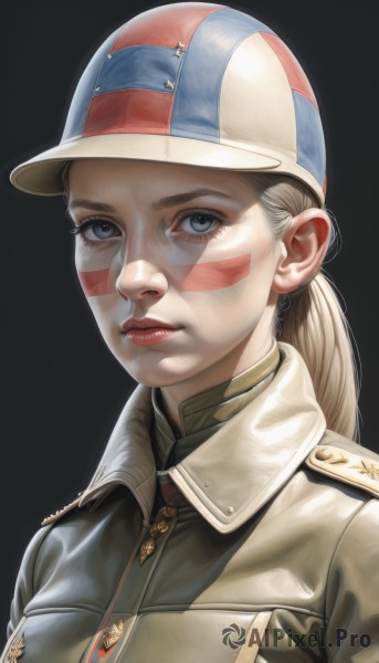 1girl,solo,long hair,looking at viewer,blue eyes,blonde hair,simple background,hat,closed mouth,jacket,upper body,ponytail,star (symbol),uniform,lips,grey eyes,military,military uniform,makeup,facial mark,black background,portrait,baseball cap,realistic,nose,red lips,facepaint,artist name,signature,eyelashes,brown jacket,american flag