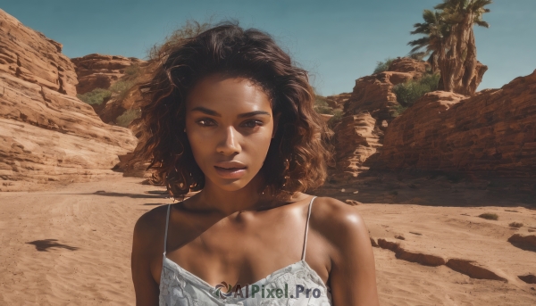 1girl,solo,breasts,looking at viewer,short hair,brown hair,black hair,cleavage,bare shoulders,brown eyes,medium breasts,upper body,outdoors,sky,day,dark skin,dark-skinned female,tree,lips,camisole,curly hair,realistic,nose,spaghetti strap,very dark skin,desert,dress,scenery,sand,dreadlocks