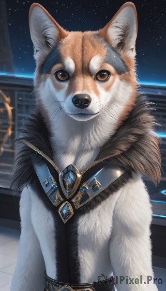 solo,looking at viewer,brown eyes,jewelry,closed mouth,upper body,outdoors,sky,belt,fur trim,no humans,night,animal,brooch,gem,star (sky),night sky,starry sky,fur collar,dog,animal focus,white fur,fur,whiskers,blue gemstone,black fur,fluffy,artist name,realistic,shiba inu