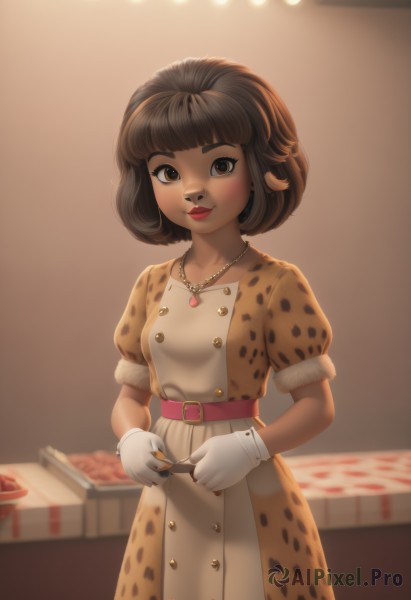 1girl,solo,breasts,looking at viewer,blush,smile,short hair,bangs,brown hair,gloves,dress,brown eyes,jewelry,closed mouth,standing,collarbone,short sleeves,cowboy shot,earrings,small breasts,food,puffy sleeves,belt,artist name,indoors,white gloves,dark skin,blunt bangs,necklace,blurry,dark-skinned female,puffy short sleeves,lips,makeup,buttons,blurry background,bob cut,lipstick,animal print,belt buckle,adjusting clothes,red lips,pearl necklace,heart necklace,holding,fur trim,multicolored clothes,eyeshadow,nose,fork,brown dress,holding fork,orange dress,leopard print