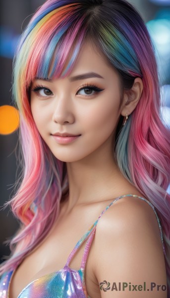 1girl,solo,long hair,breasts,looking at viewer,smile,bangs,cleavage,bare shoulders,brown eyes,jewelry,medium breasts,closed mouth,underwear,collarbone,swimsuit,upper body,pink hair,bikini,multicolored hair,earrings,bra,blurry,two-tone hair,lips,eyelashes,makeup,depth of field,blurry background,realistic,nose,rainbow hair,black hair,blue hair,artist name,streaked hair,swept bangs,watermark,multicolored clothes,eyeshadow,mascara