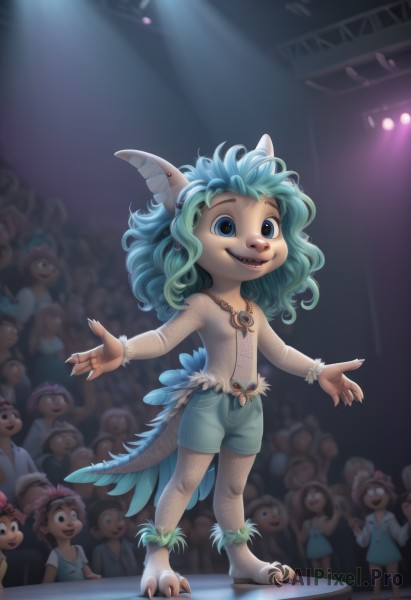 1girl,long hair,looking at viewer,smile,open mouth,blue eyes,multiple girls,animal ears,jewelry,blue hair,standing,tail,full body,green hair,multiple boys,shorts,teeth,solo focus,necklace,flat chest,fingernails,fangs,feathers,sharp teeth,monster girl,fishnets,child,claws,furry,6+boys,female child,male child,crowd,stage,talons,spotlight,stage lights,digitigrade,solo,horns,ring,curly hair,dancing,audience