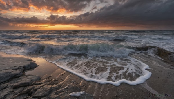 outdoors,sky,cloud,water,no humans,ocean,beach,cloudy sky,scenery,sunset,rock,sand,horizon,waves,shore,orange sky,sunlight,footprints