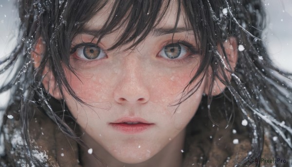 1girl,solo,long hair,looking at viewer,blush,bangs,black hair,brown eyes,parted lips,blurry,lips,eyelashes,portrait,snow,close-up,snowing,realistic,teeth,water,depth of field,blurry background,wind,messy hair,bandaid,nose,bandaid on face