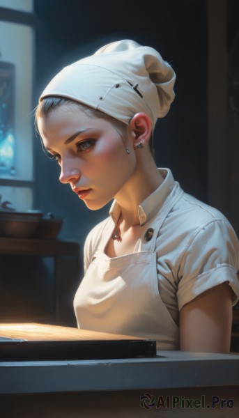 1girl,solo,breasts,short hair,blue eyes,shirt,hat,jewelry,closed mouth,white shirt,upper body,white hair,short sleeves,earrings,small breasts,indoors,blurry,apron,lips,grey eyes,blurry background,piercing,realistic,nose,head scarf,chef hat,looking at viewer,blush,hair bun,single hair bun