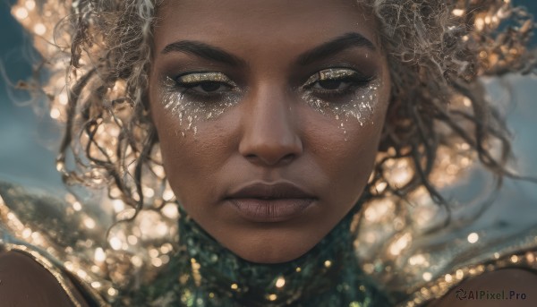 1girl,solo,looking at viewer,brown hair,brown eyes,closed mouth,artist name,dark skin,blurry,black eyes,dark-skinned female,lips,eyelashes,watermark,portrait,close-up,freckles,curly hair,realistic,very dark skin,dreadlocks,black hair,jewelry,necklace,depth of field,half-closed eyes