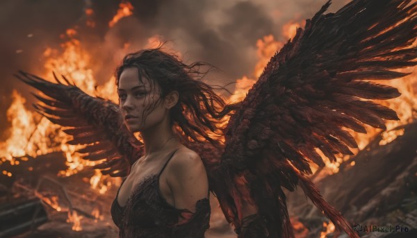 1girl,solo,long hair,breasts,black hair,gloves,dress,cleavage,bare shoulders,medium breasts,closed mouth,upper body,outdoors,wings,elbow gloves,medium hair,mole,blurry,black eyes,black dress,lips,blood,blurry background,fire,messy hair,feathered wings,smoke,black wings,burning,injury,blood on face