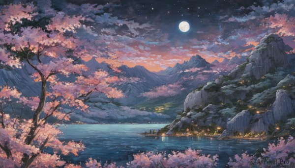 outdoors,sky,cloud,water,tree,no humans,night,moon,cloudy sky,cherry blossoms,star (sky),nature,night sky,scenery,full moon,starry sky,reflection,mountain,horizon,branch,river,landscape,mountainous horizon,lake,flower,ocean,rock