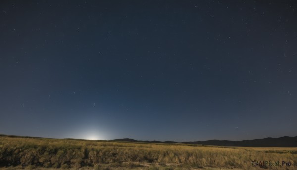 outdoors,sky,tree,no humans,night,grass,star (sky),nature,night sky,scenery,starry sky,mountain,field,landscape,mountainous horizon,hill,star (symbol)