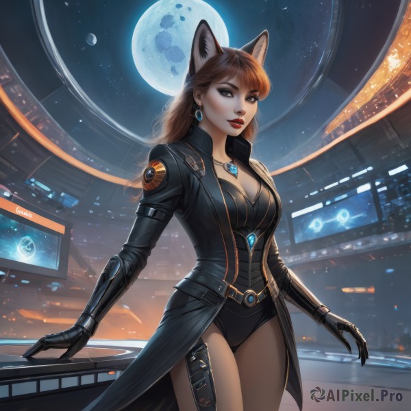 1girl,solo,long hair,breasts,looking at viewer,bangs,brown hair,gloves,animal ears,cleavage,brown eyes,jewelry,medium breasts,standing,weapon,pantyhose,cowboy shot,earrings,parted lips,open clothes,sky,black gloves,belt,artist name,cat ears,necklace,mole,leotard,lips,coat,makeup,night,moon,lipstick,brooch,gauntlets,building,gem,night sky,black leotard,full moon,pendant,eyeshadow,science fiction,red lips,eyeliner,holster,thigh holster,large breasts,long sleeves,closed mouth,jacket,tail,outdoors,signature,black jacket,fox ears,fox tail,wolf ears,fox girl,star (sky),extra ears,starry sky,backlighting,black coat,realistic,city lights,cyberpunk