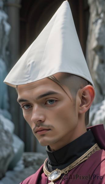 solo,looking at viewer,short hair,blue eyes,1boy,hat,jewelry,closed mouth,grey hair,male focus,necklace,blurry,lips,grey eyes,blurry background,facial hair,white headwear,portrait,beard,robe,realistic,mustache,brown hair,thick eyebrows,gem,very short hair,pillar