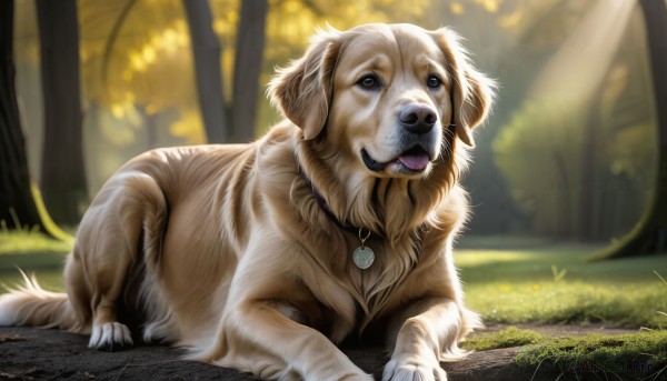 HQ,solo,open mouth,brown eyes,jewelry,outdoors,lying,day,tongue,artist name,signature,tongue out,necklace,blurry,tree,no humans,blurry background,animal,sunlight,grass,nature,forest,dog,light rays,realistic,animal focus,looking at viewer,full body,teeth,collar,fangs,on stomach,pendant