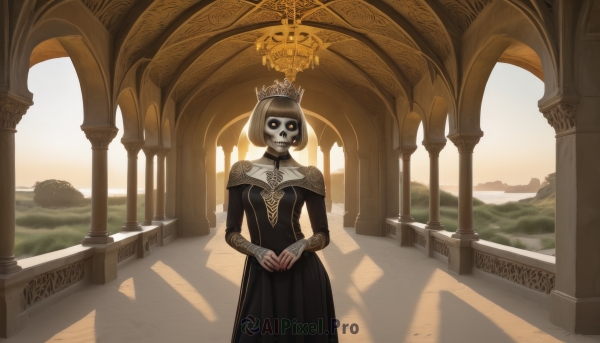 1girl,solo,breasts,looking at viewer,short hair,long sleeves,dress,brown eyes,jewelry,standing,cowboy shot,outdoors,choker,day,indoors,black dress,mask,shadow,sunlight,bob cut,own hands together,tiara,crown,scenery,lace,skull,long dress,pillar,arch,smile,yellow eyes,veil,glowing eyes,colored sclera,black sclera,skeleton,black lips