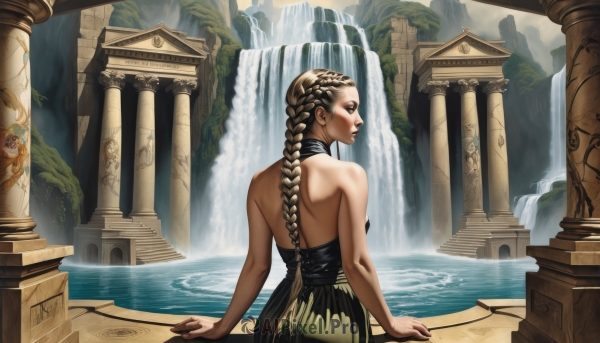 1girl,solo,long hair,blonde hair,brown hair,dress,bare shoulders,braid,outdoors,looking back,water,from behind,black dress,lips,bare arms,single braid,halterneck,back,backless outfit,bare back,backless dress,pillar,waterfall,statue,column,fountain,realistic,nose,architecture