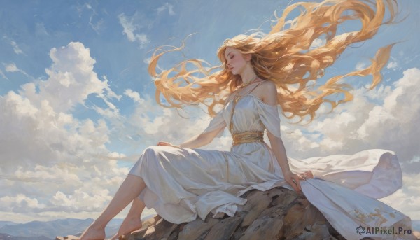 1girl,solo,long hair,breasts,blonde hair,dress,bare shoulders,jewelry,sitting,very long hair,closed mouth,closed eyes,outdoors,parted lips,sky,barefoot,choker,day,cloud,necklace,off shoulder,white dress,from side,blue sky,lips,floating hair,arm support,cloudy sky,wind,rock,mountain,off-shoulder dress,hand on own knee,mountainous horizon,smile,full body,belt,strapless,profile,toes,looking away,strapless dress,long dress,looking afar,sitting on rock