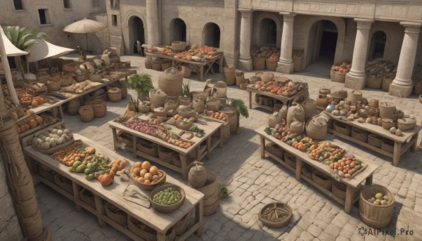 outdoors,food,indoors,cup,no humans,window,fruit,chair,table,bottle,plant,building,scenery,plate,bowl,lantern,stairs,door,basket,potted plant,carrot,mushroom,bread,meat,vegetable,barrel,pavement,stone floor,crate,onion,umbrella,pillar,potato,radish