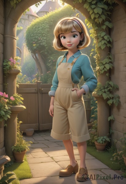 1girl,solo,looking at viewer,smile,short hair,bangs,blonde hair,brown hair,shirt,long sleeves,brown eyes,closed mouth,standing,full body,flower,hairband,outdoors,shoes,shorts,day,collared shirt,artist name,tree,lips,shadow,leaf,brown footwear,sunlight,suspenders,grass,blue shirt,plant,wing collar,loafers,building,child,hand in pocket,nose,female child,potted plant,overalls,shade,brick wall,no socks,flower pot,black eyes,watermark,freckles,vines,garden