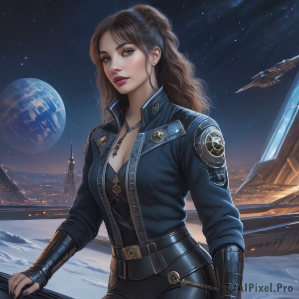 1girl,solo,long hair,breasts,looking at viewer,brown hair,gloves,cleavage,brown eyes,jewelry,medium breasts,jacket,earrings,outdoors,parted lips,open clothes,sky,belt,pants,signature,necklace,nail polish,open jacket,lips,makeup,night,wavy hair,moon,lipstick,building,star (sky),black nails,night sky,snow,starry sky,science fiction,city,realistic,aircraft,nose,space,leather,planet,earth (planet),spacecraft,denim jacket,airship,standing,ponytail,uniform,bodysuit,tattoo,black pants,emblem,airplane,leather jacket