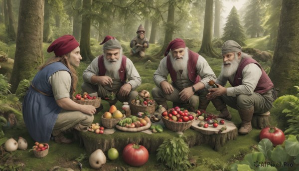 smile,brown hair,shirt,long sleeves,hat,holding,sitting,white shirt,white hair,male focus,boots,outdoors,food,multiple boys,day,pants,looking at another,vest,tree,fruit,facial hair,bird,animal,brown footwear,squatting,grass,nature,beard,forest,6+boys,4boys,realistic,bandana,mustache,apple,basket,mushroom,old,old man,tomato,tree stump,log,helmet,5boys,carrot,grapes