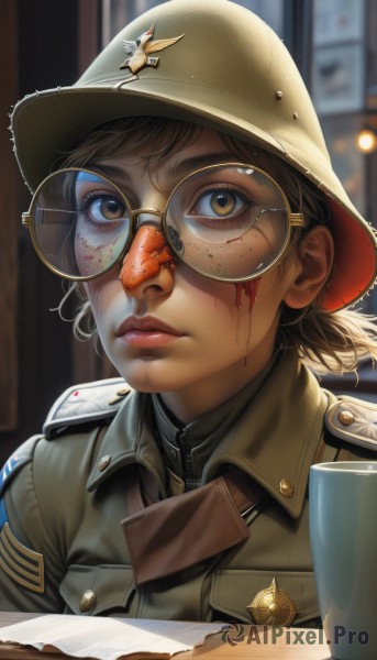 1girl,solo,looking at viewer,short hair,bangs,brown hair,hat,brown eyes,closed mouth,jacket,upper body,glasses,indoors,blurry,uniform,cup,lips,military,blood,military uniform,blurry background,helmet,portrait,freckles,military hat,blood on face,mug,paper,realistic,nose,round eyewear,brown headwear,badge,dirty,world war ii,soldier,dirty face,brown-framed eyewear,food,eyelashes,zipper,brown jacket,coffee,coffee mug