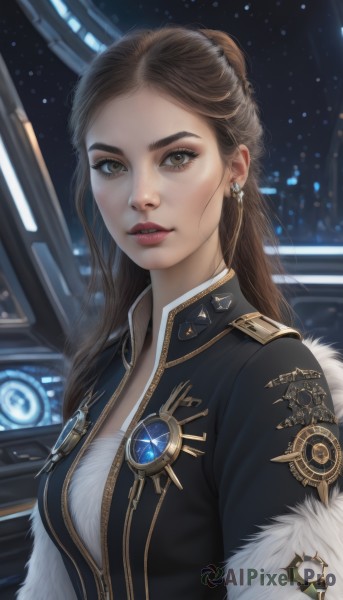 1girl,solo,long hair,breasts,looking at viewer,brown hair,brown eyes,jewelry,jacket,upper body,earrings,parted lips,uniform,lips,fur trim,makeup,science fiction,realistic,nose,medium breasts,eyelashes,lipstick,forehead,eyeshadow