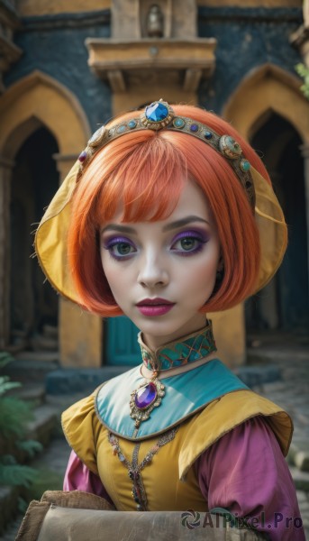 1girl,solo,looking at viewer,short hair,bangs,dress,holding,jewelry,closed mouth,green eyes,upper body,red hair,hairband,outdoors,choker,puffy sleeves,necklace,orange hair,blurry,lips,eyelashes,makeup,blurry background,bob cut,lipstick,gem,eyeshadow,basket,mascara,long sleeves,hat,earrings,parted lips,artist name,tiara,pink lips,realistic,nose