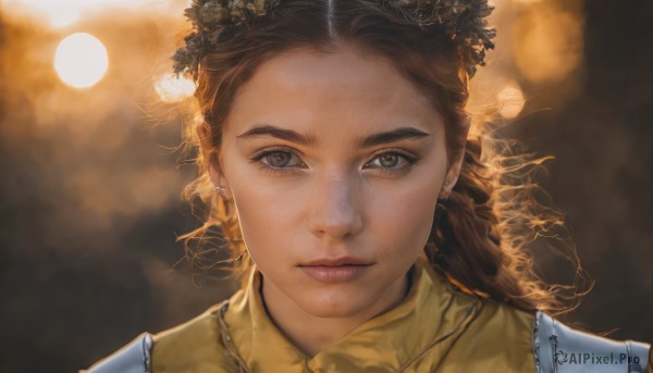 1girl,solo,long hair,looking at viewer,brown hair,shirt,hair ornament,brown eyes,jewelry,closed mouth,earrings,necklace,blurry,lips,eyelashes,depth of field,blurry background,portrait,freckles,realistic,nose,head wreath