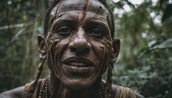 solo,looking at viewer,smile,1boy,jewelry,braid,male focus,outdoors,parted lips,teeth,day,dark skin,necklace,grin,blurry,black eyes,tree,lips,blurry background,portrait,nature,realistic,black hair,closed mouth,earrings,depth of field,sunlight,beads