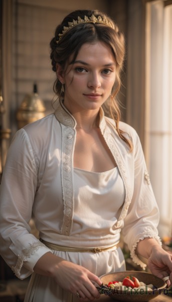 1girl,solo,long hair,breasts,looking at viewer,smile,brown hair,black hair,long sleeves,dress,holding,brown eyes,jewelry,closed mouth,upper body,earrings,food,indoors,hair bun,white dress,blurry,black eyes,lips,see-through,fruit,depth of field,blurry background,tiara,freckles,realistic,nose,basket,cleavage,medium breasts,watermark,ring,strawberry,kitchen