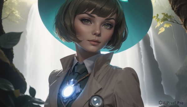 1girl,solo,looking at viewer,short hair,bangs,brown hair,shirt,black hair,hat,brown eyes,closed mouth,green eyes,jacket,white shirt,upper body,outdoors,necktie,collared shirt,artist name,water,tree,lips,coat,eyelashes,makeup,witch hat,glowing,leaf,sunlight,bob cut,nature,blue headwear,backlighting,brown jacket,blue necktie,pink lips,nose,waterfall,open clothes,day,open jacket,thick eyebrows,wing collar,branch