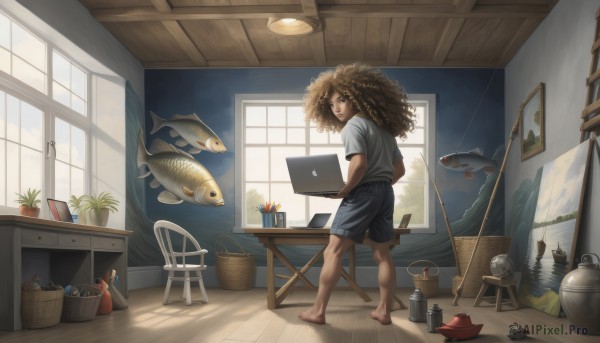 1girl,solo,long hair,looking at viewer,brown hair,shirt,1boy,brown eyes,standing,short sleeves,male focus,shorts,barefoot,looking back,indoors,dark skin,water,from behind,cup,window,chair,black shorts,table,sunlight,bottle,plant,curtains,t-shirt,messy hair,desk,fish,curly hair,wooden floor,basket,potted plant,bucket,computer,big hair,water bottle,dirty,laptop,painting (object),fishing rod,painting (action),canvas (object),easel,hat,full body,straw hat,lamp,paintbrush,aquarium,dirty feet