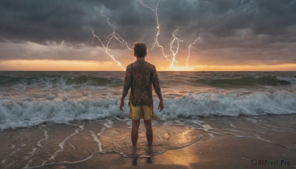 solo,short hair,black hair,1boy,standing,male focus,outdoors,sky,shorts,cloud,water,from behind,tattoo,ocean,back,beach,cloudy sky,scenery,wading,topless male,sunset,sand,arms at sides,horizon,electricity,facing away,waves,lightning,yellow shorts,shore,back tattoo,shirt,barefoot,signature,t-shirt