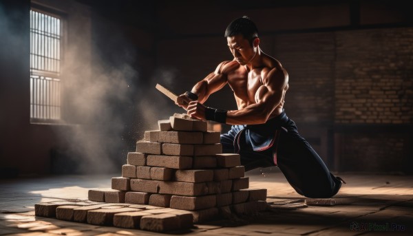 solo,short hair,black hair,1boy,holding,weapon,male focus,pants,sword,indoors,window,kneeling,muscular,facial hair,abs,pectorals,muscular male,wristband,bara,topless male,fighting stance,one knee,brick wall,dougi,gloves,closed mouth,artist name,signature,fingerless gloves,shadow,sunlight,thick eyebrows,wall,manly,architecture,east asian architecture,dust