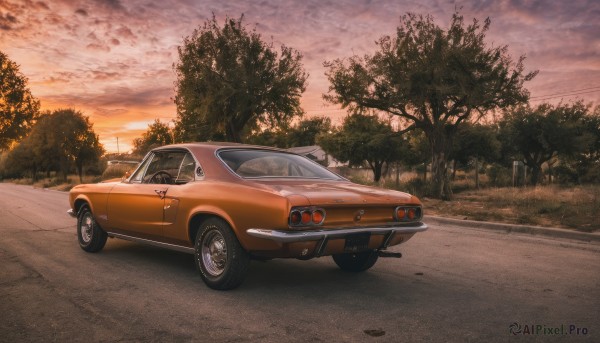 outdoors, sky, cloud, tree, no humans, cloudy sky, ground vehicle, scenery, motor vehicle, sunset, car, road, vehicle focus, sports car