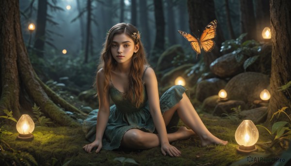 1girl,solo,long hair,breasts,looking at viewer,brown hair,hair ornament,dress,cleavage,bare shoulders,brown eyes,sitting,closed mouth,full body,flower,outdoors,barefoot,sleeveless,artist name,signature,hair flower,blurry,tree,lips,bare arms,night,sleeveless dress,depth of field,blurry background,blue dress,glowing,arm support,grass,bug,butterfly,nature,web address,forest,knee up,green dress,lantern,realistic,nose,mushroom,on ground,egg,fireflies,moon,rock,moss