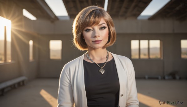 1girl,solo,breasts,looking at viewer,smile,short hair,bangs,brown hair,shirt,long sleeves,hat,brown eyes,jewelry,medium breasts,closed mouth,jacket,upper body,open clothes,indoors,necklace,blurry,lips,head tilt,black shirt,depth of field,blurry background,sunlight,white jacket,realistic,nose,makeup,ceiling light,train station