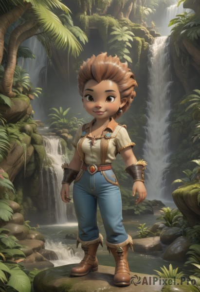 1girl,solo,breasts,looking at viewer,smile,short hair,brown hair,shirt,cleavage,brown eyes,jewelry,standing,full body,short sleeves,earrings,boots,outdoors,parted lips,belt,pants,artist name,signature,dark skin,water,dark-skinned female,tree,lips,fur trim,brown footwear,denim,wristband,nature,forest,jeans,rock,nose,bracer,waterfall,medium breasts,necklace,plant