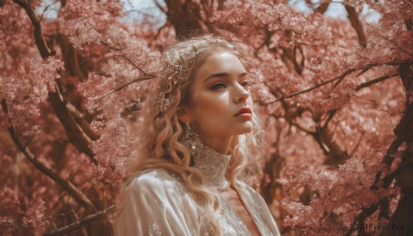 1girl,solo,long hair,breasts,looking at viewer,blonde hair,hair ornament,dress,cleavage,jewelry,upper body,flower,earrings,outdoors,day,artist name,white dress,blurry,tree,lips,makeup,blurry background,wavy hair,cherry blossoms,realistic,nose,parted lips,looking up,lipstick,portrait,veil,curly hair