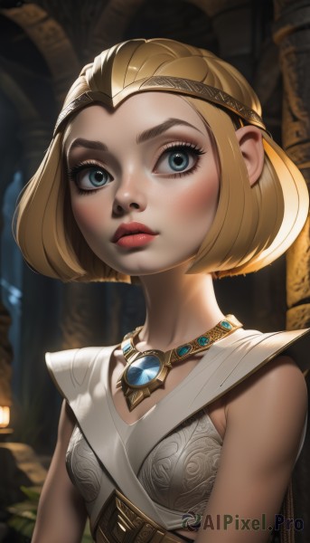 1girl,solo,breasts,looking at viewer,blush,short hair,blue eyes,blonde hair,bare shoulders,jewelry,closed mouth,upper body,small breasts,sleeveless,necklace,armor,blurry,lips,eyelashes,makeup,blurry background,bob cut,thick eyebrows,gem,forehead,circlet,nose,red lips,lipstick,freckles,eyeliner,gold