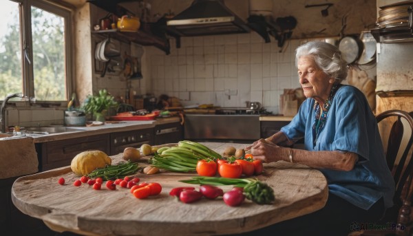 1girl,solo,short hair,shirt,1boy,jewelry,sitting,white hair,short sleeves,grey hair,food,day,indoors,necklace,hair bun,apron,bracelet,from side,window,tattoo,profile,fruit,facial hair,chair,table,single hair bun,own hands together,blue shirt,knife,plate,bowl,realistic,basket,carrot,old,old man,cooking,kitchen,tomato,vegetable,frying pan,spatula,old woman,stove,lettuce,potato,kitchen knife,wrinkled skin,cutting board,onion,earrings,cup,beads,sink,salad